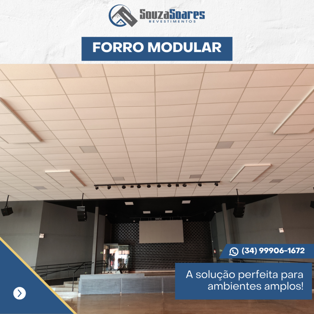 Obra de grande porte com forro modular! O forro modular é a solução perfeita para ambientes amplos como auditórios, salões e áreas corporativas. Além de oferecer um acabamento uniforme, ele garante funcionalidade acústica, praticidade na manutenção e um visual moderno.
